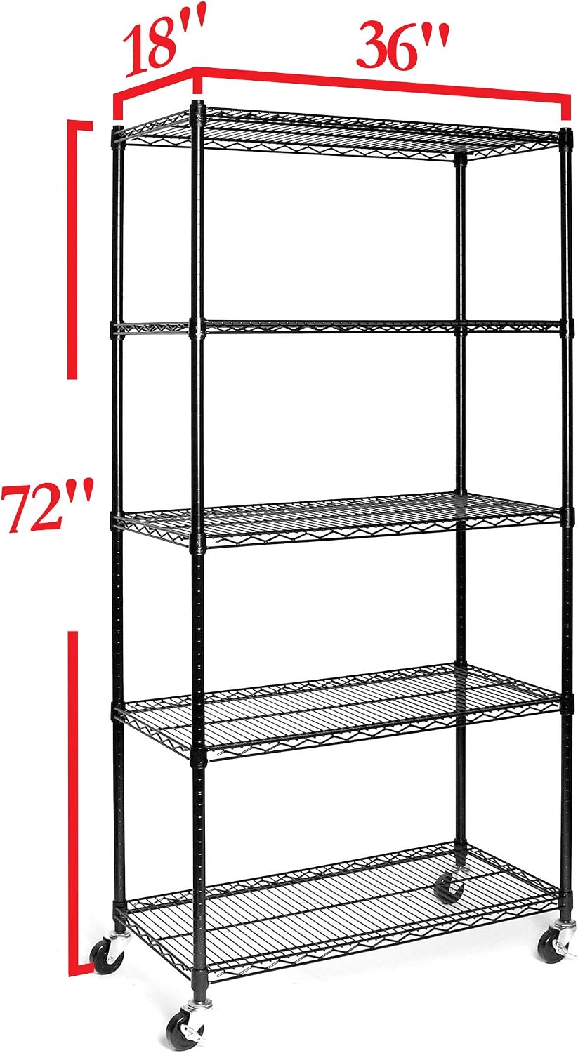 Seville Classics UltraDurable Heavy Duty NSF Solid Steel Wire Rack Storage Unit, Organizer for Garage, Warehouse, Office, Restaurant, Classroom, Kitchen, Black, 5-Tier Shelving, 36' W x 18' D