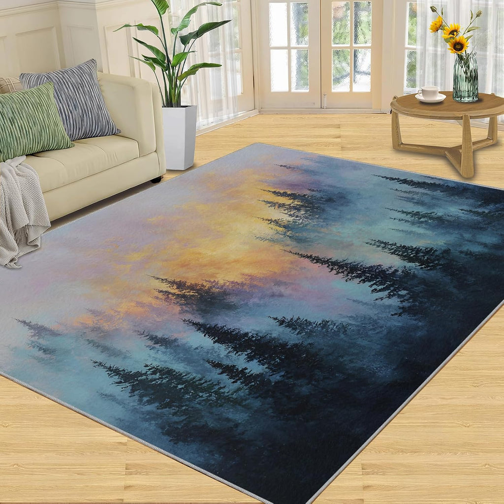 Forest Rugs for Bedroom, Misty Forest Rug 6x8, Natural Scenery Dining Room Rugs Washable & Non Slip Large Carpet for Home Decor