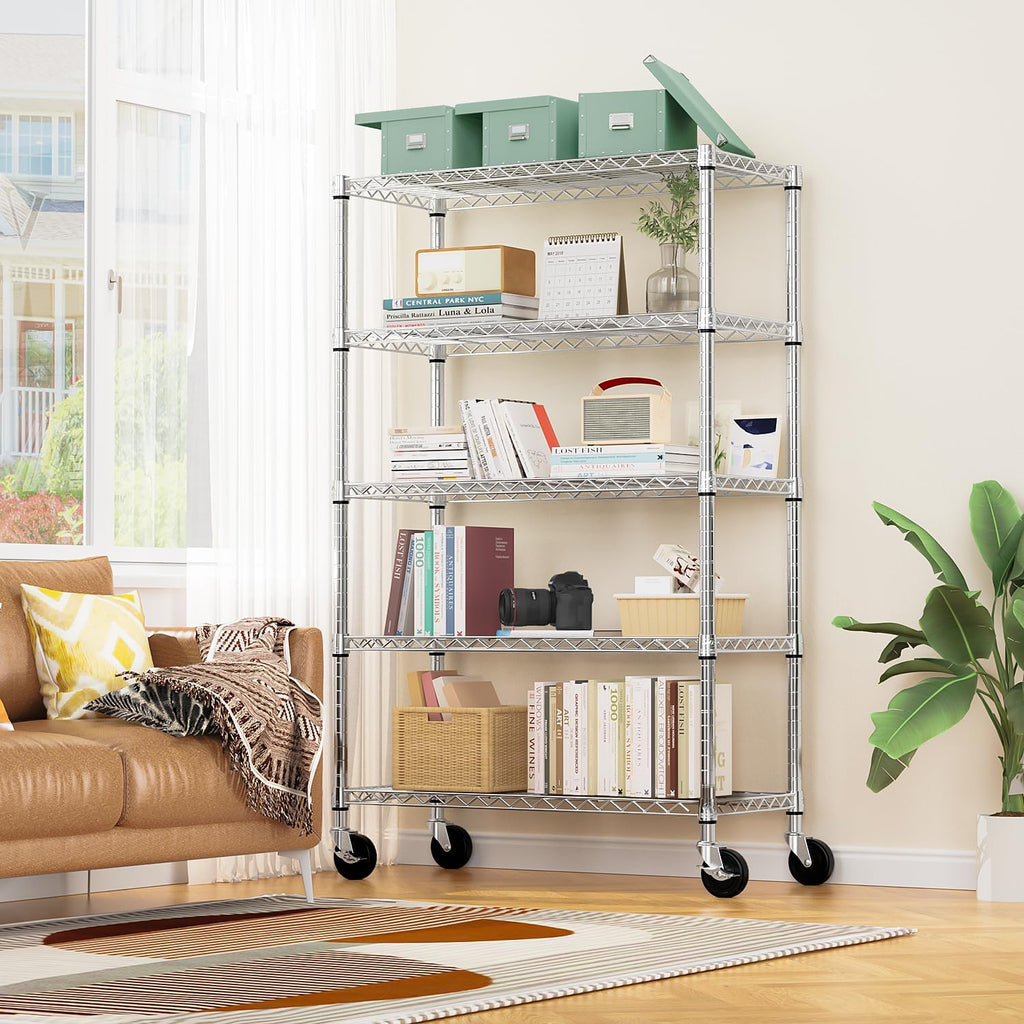 M MZG 5-Shelf Storage Shelves,Wire Shelving Heavy Duty Metal Storage Shelving Unit Adjustable Garage Shelving Rack Pantry Kitchen (Chrome, 5 Tier,17.7' D x 47.2' W x 76.7' H)