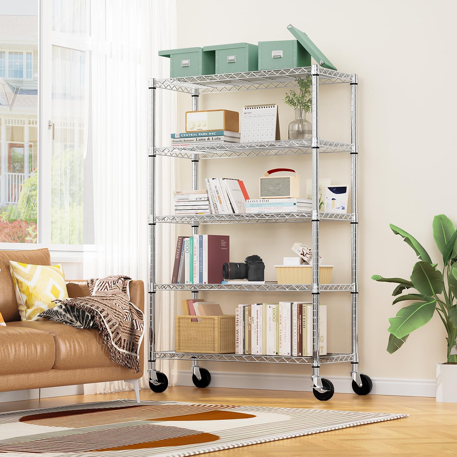 M MZG 5-Shelf Storage Shelves,Wire Shelving Heavy Duty Metal Storage Shelving Unit Adjustable Garage Shelving Rack Pantry Kitchen (Chrome, 5 Tier,17.7' D x 47.2' W x 76.7' H)