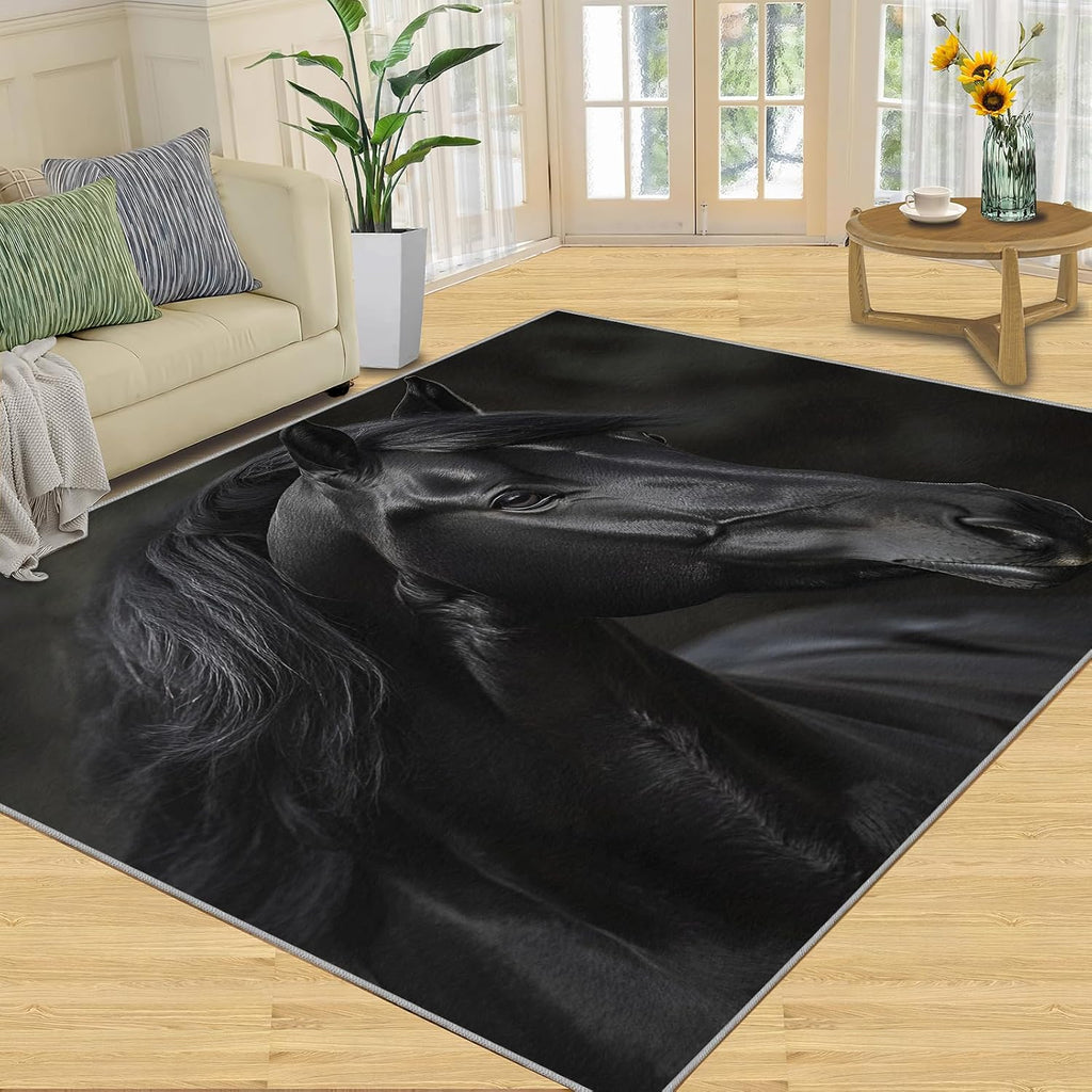 Dark Horse Rugs for Bedroom, Handsome Horse Area Rug, Low Pile Home Decor Carpet for Living Room Study Office Kitchen Dining Room Floor Mat 6x8