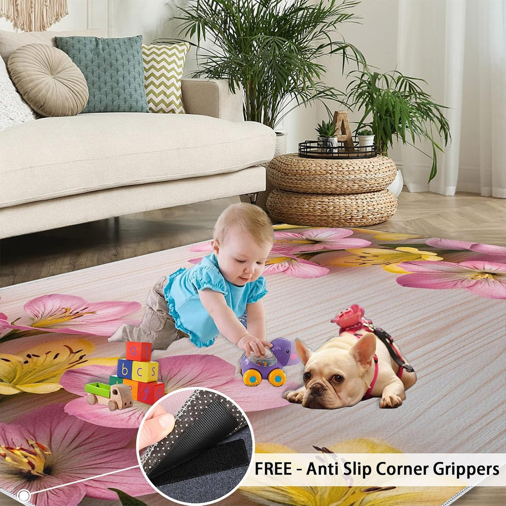 Floral Rug Large - 6x8 Rug, Pink Yellow Flower Washable Rugs for Living Room, Spring Flower Carpet, Wood Grain Non-Slip Area Rugs for Bedroom, Rustic Carpet, Floral Home Decor