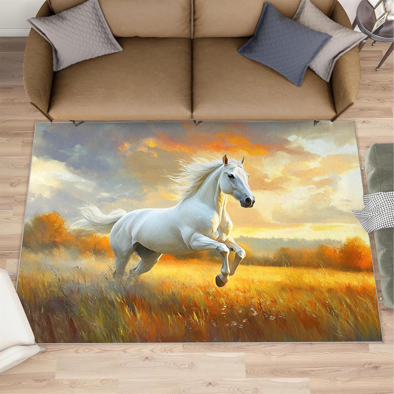 Galloping Horse Rugs for Bedroom, Vintage Animals Rug 6x8, Landscape Oil Painting Dining Room Rugs Washable & Non Slip Large Carpet for Home Decor