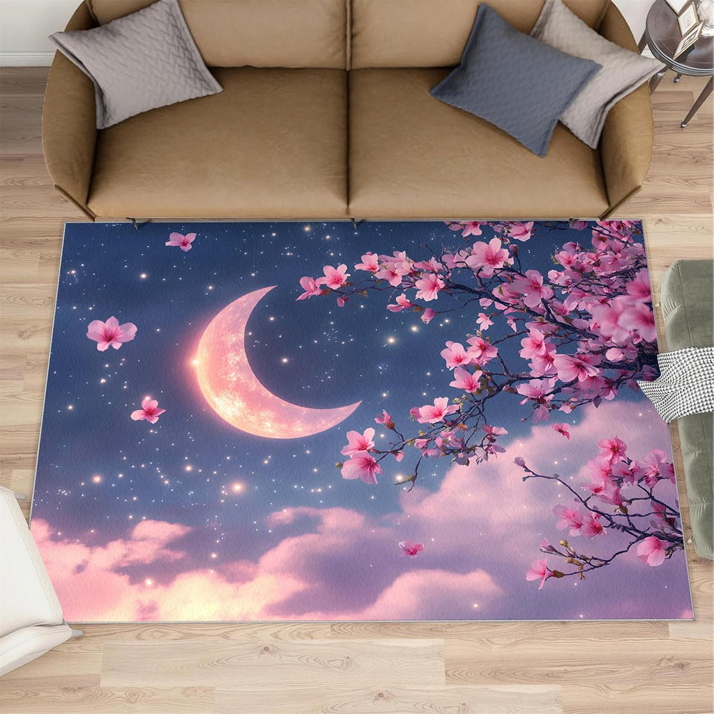 Cherry Blossoms Rug 6x8, Pink Flowers Rugs for Living Room, Japanese Style Rugs for Bedroom, Washable Area Rug, Non Slip Carpet for Hardwood Floors