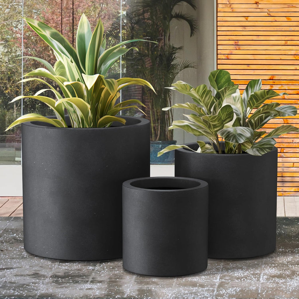 Kante Set of 3 Black Concrete Planters, Graduated Cylinders 9.8' to 15.7' Tall – Lightweight Round Pots with Drainage Hole & Rubber Plug, Modern Nesting Containers for Indoor Outdoor, Home Patio
