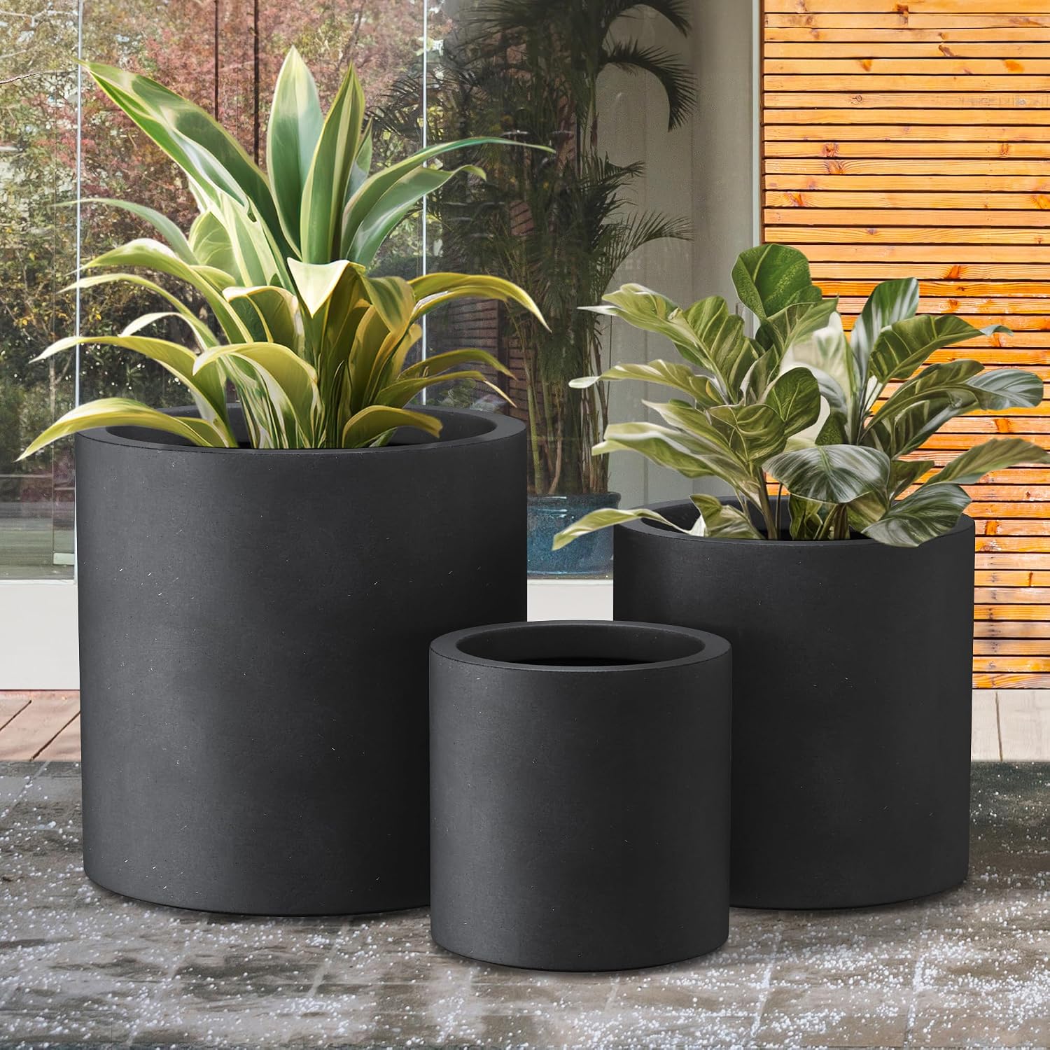 Kante Set of 3 Black Concrete Planters, Graduated Cylinders 9.8' to 15.7' Tall – Lightweight Round Pots with Drainage Hole & Rubber Plug, Modern Nesting Containers for Indoor Outdoor, Home Patio