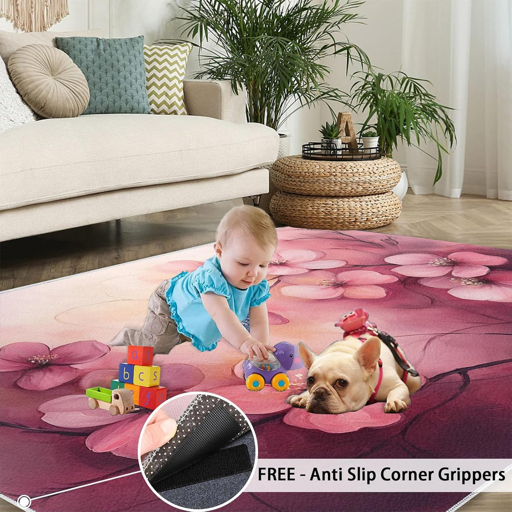Cherry Blossoms Rug 5x7, Japanese Rugs for Boys Room, Flowers Area Rugs for Bedroom, Low Pile Non Slip Carpet for Computer Game Room Dormitory Decor