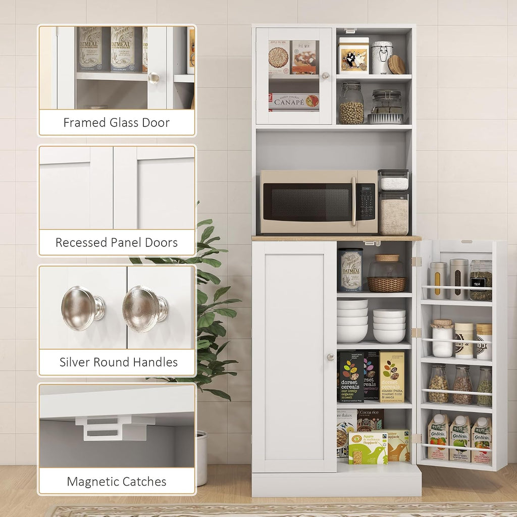 66' Adjustable-Shelf Freestanding Storage Cabinet, Kitchen Storage Bakers Rack with Microwave Stand, Utility Food Cupboard with Anti-tip Design for Kitchen Dining Areas, White
