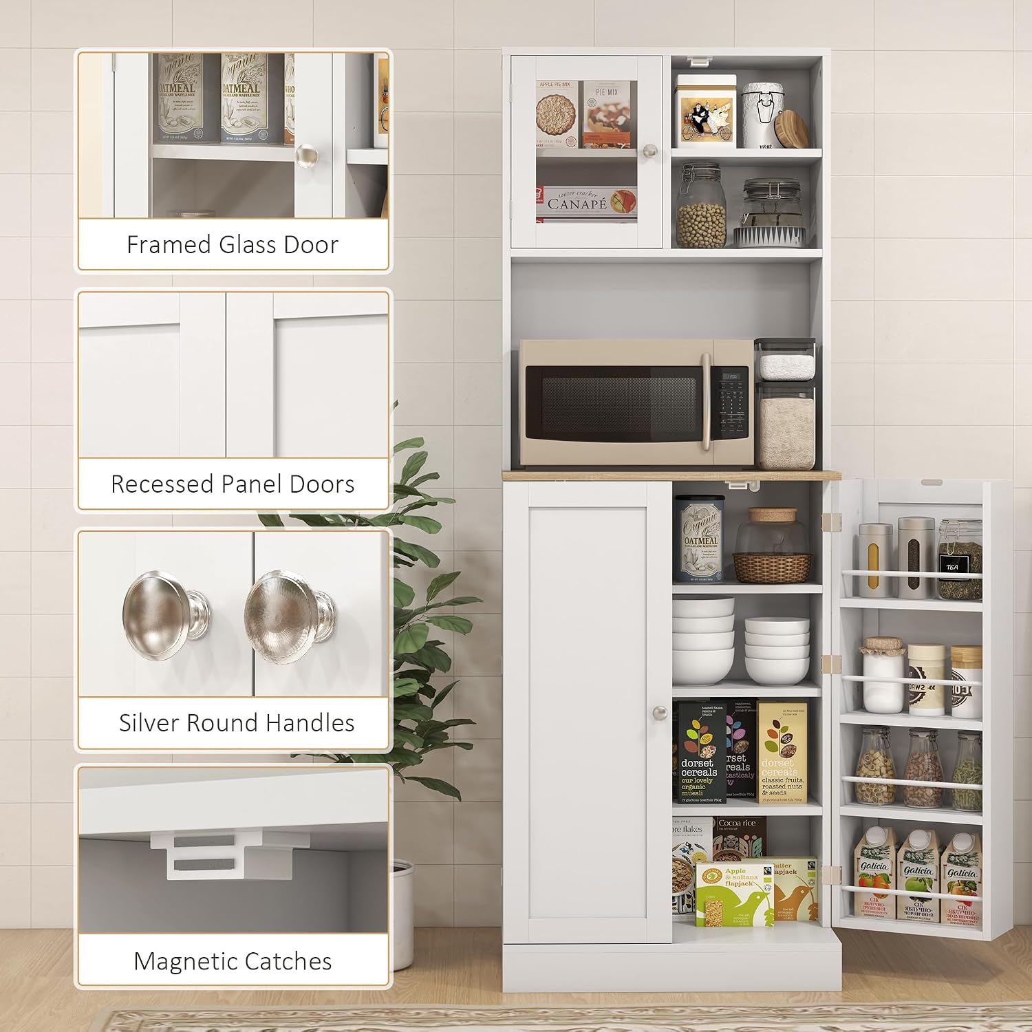 66' Adjustable-Shelf Freestanding Storage Cabinet, Kitchen Storage Bakers Rack with Microwave Stand, Utility Food Cupboard with Anti-tip Design for Kitchen Dining Areas, White