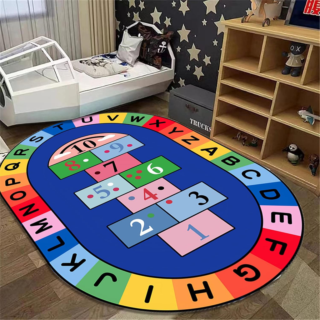 Large Oval Children's Game Area Rug,6x8ft,Cartoon Color Letter Hopscotch Rug,Elementary School Kindergarten Classroom Decorative Rug, Suitable for Children's Room Game Non-Slip Crawling Mat