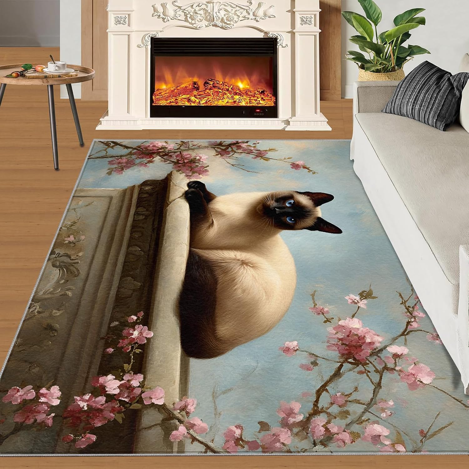 Cat Rug 6x8-6x8 Rug, Animal Area Rugs for Living Room Bedroom, Spring Flower Area Carpet, Kitten Washable Carpet, Cat Home Decor & Gifts