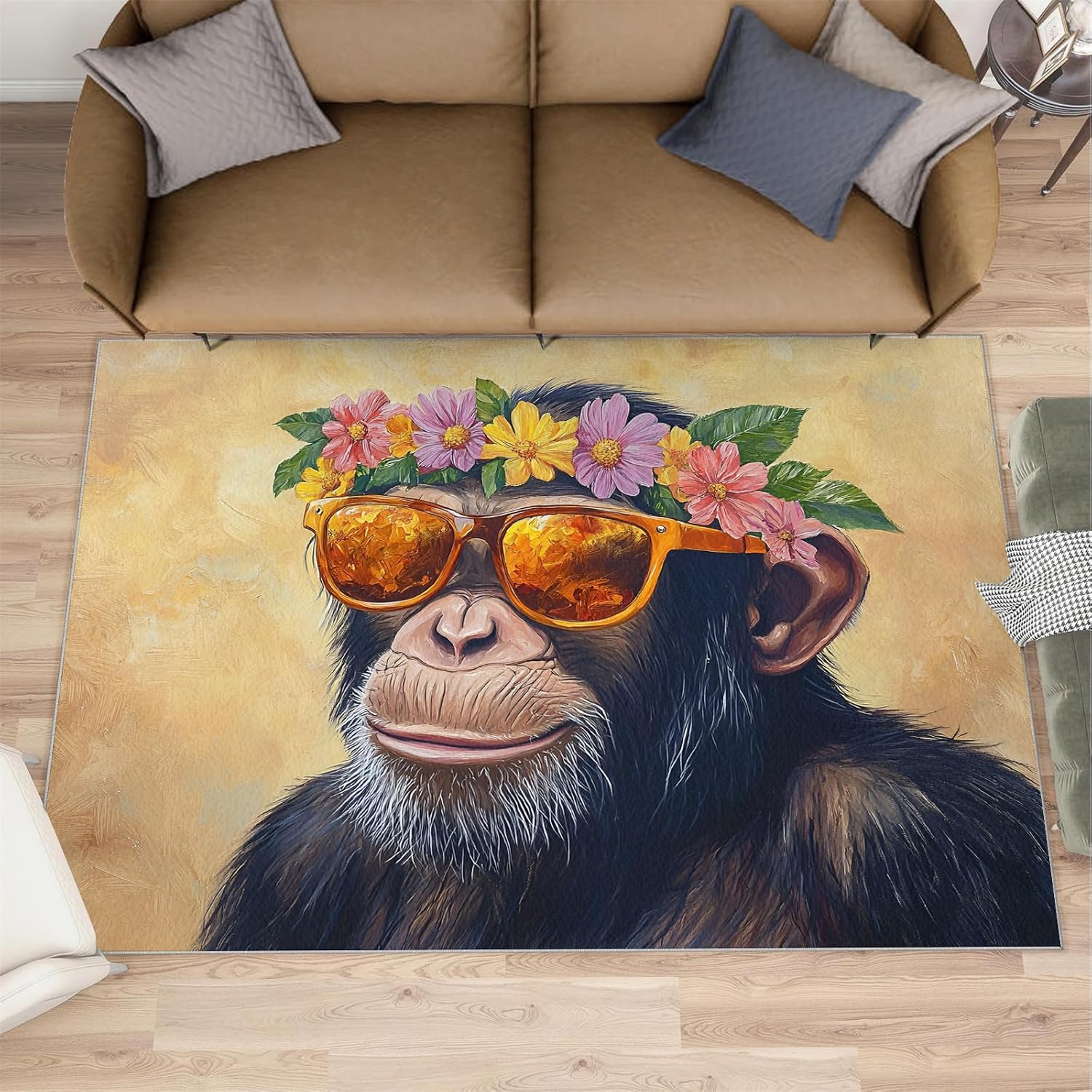 Gorillas Rug - 6x8 Rugs for Bedroom, Floral Gorillas Area Rug, Black Monkey Washable Rugs for Living Room, Non Slip Animal Indoor Carpet - Home Decor, Tropical Wildlife Gifts for Kids