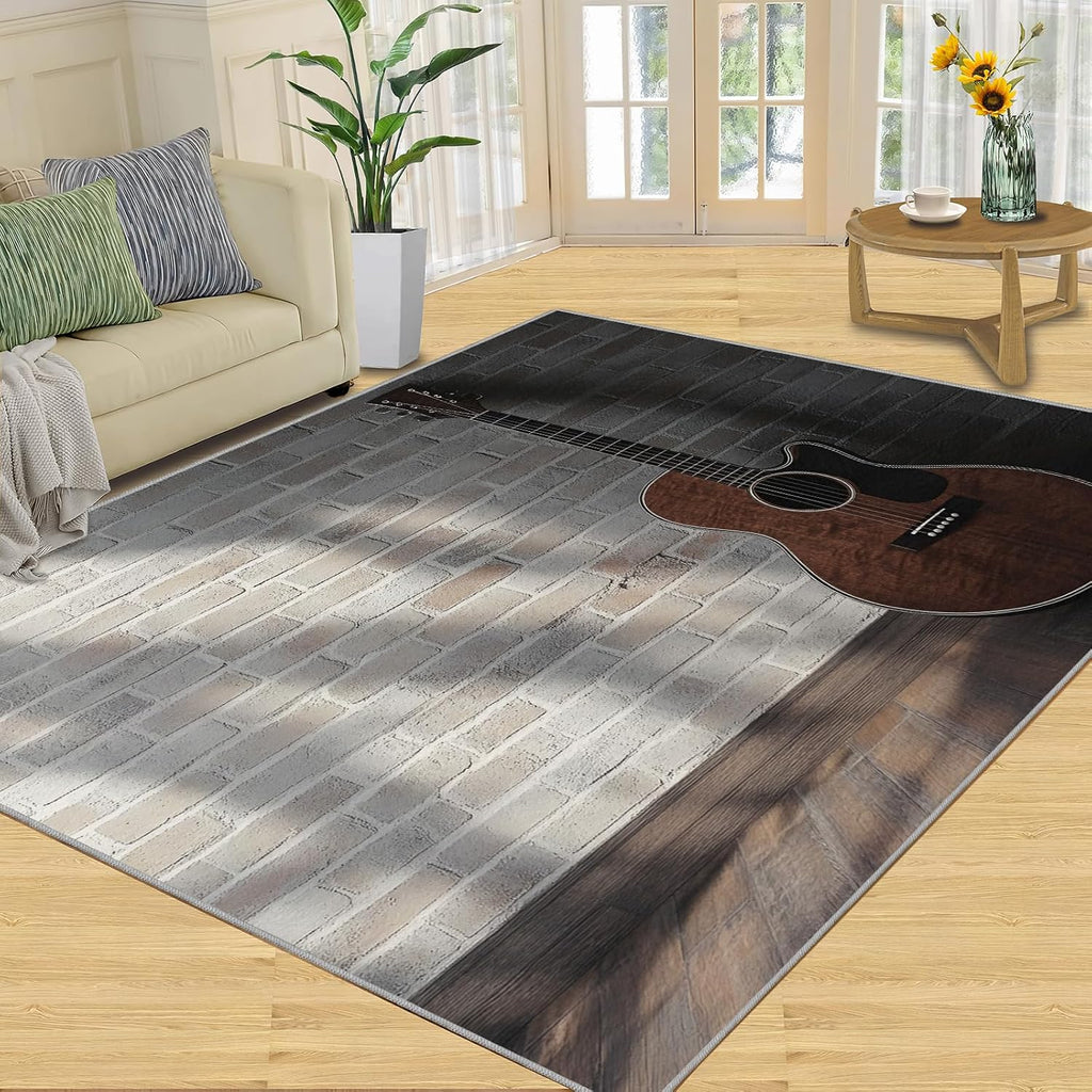 Guitar Rug for Bedroom 6x8 Rug Vintage Guitar Rugs, Music Instrument Home Decor, Non Slip Washable Large Rugs, Rock Music Carpet for Boys and Girls Teen Playroom