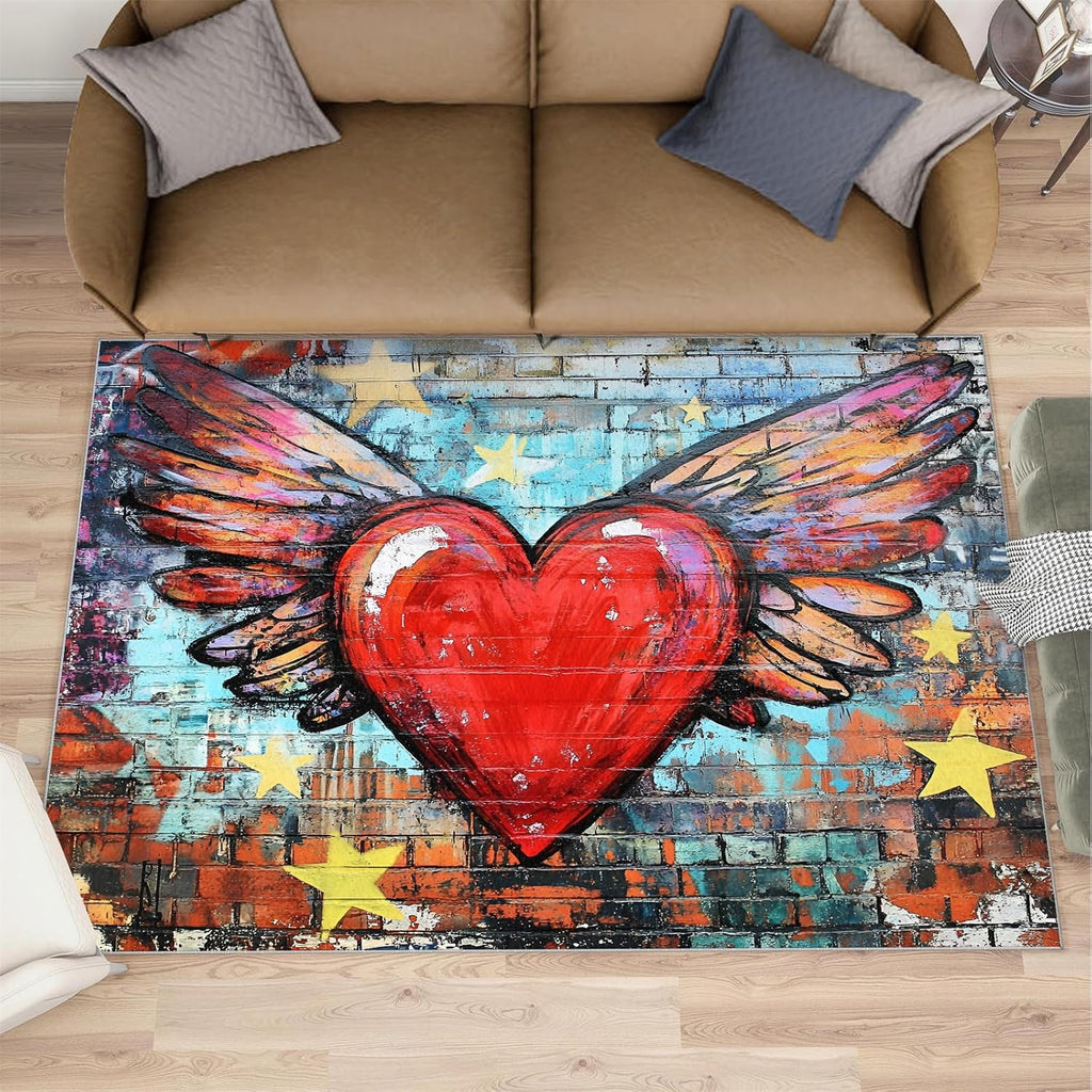 Graffiti Rug 6x8-6x8 Rug, Red Love Area Rugs for Bedroom, Wing Rugs for Living Room, Street Art Washable Carpet, Graffiti Home Decor & Gifts