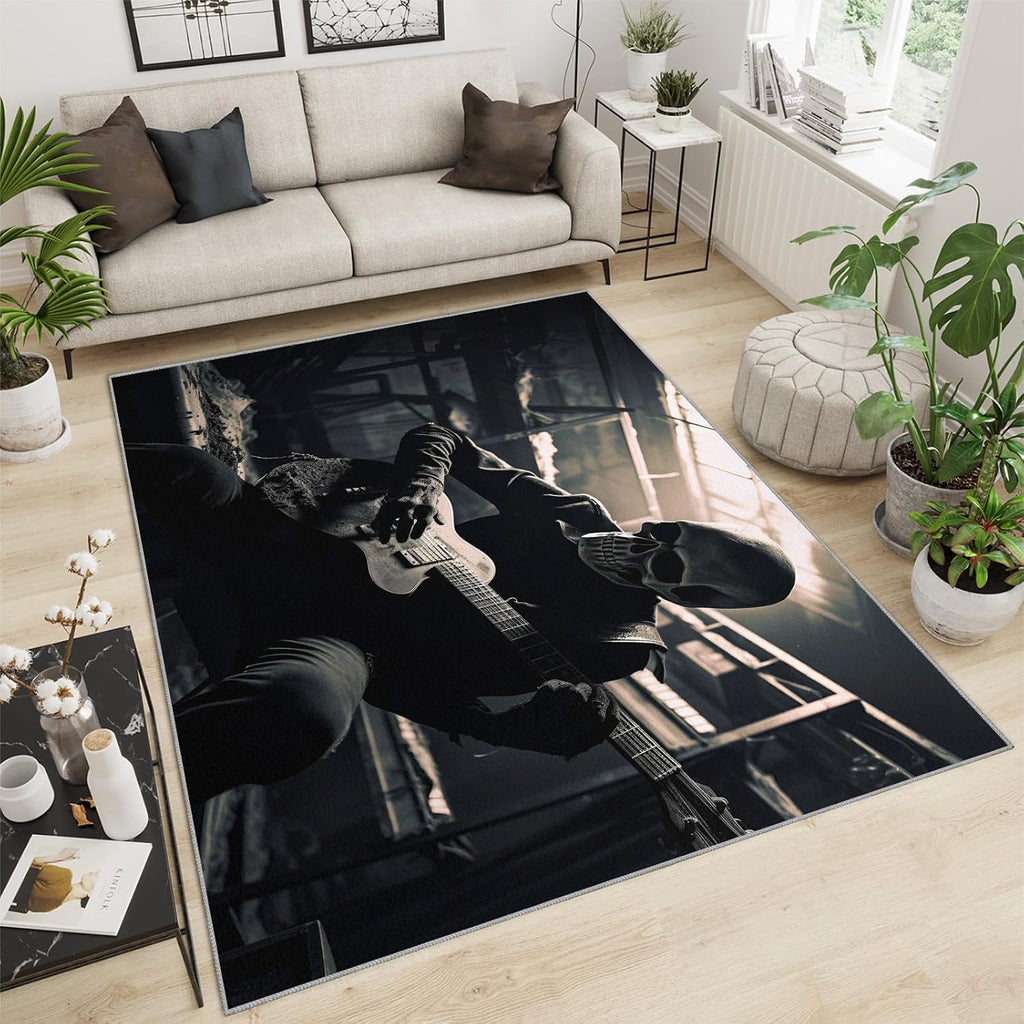 Guitar Player Rug for Kids Room - 6x8 Large Rug, Guitar Skull Rugs for Bedroom Musical Performance Guitar Area Rugs for Living Room Home Decor Washable Rug