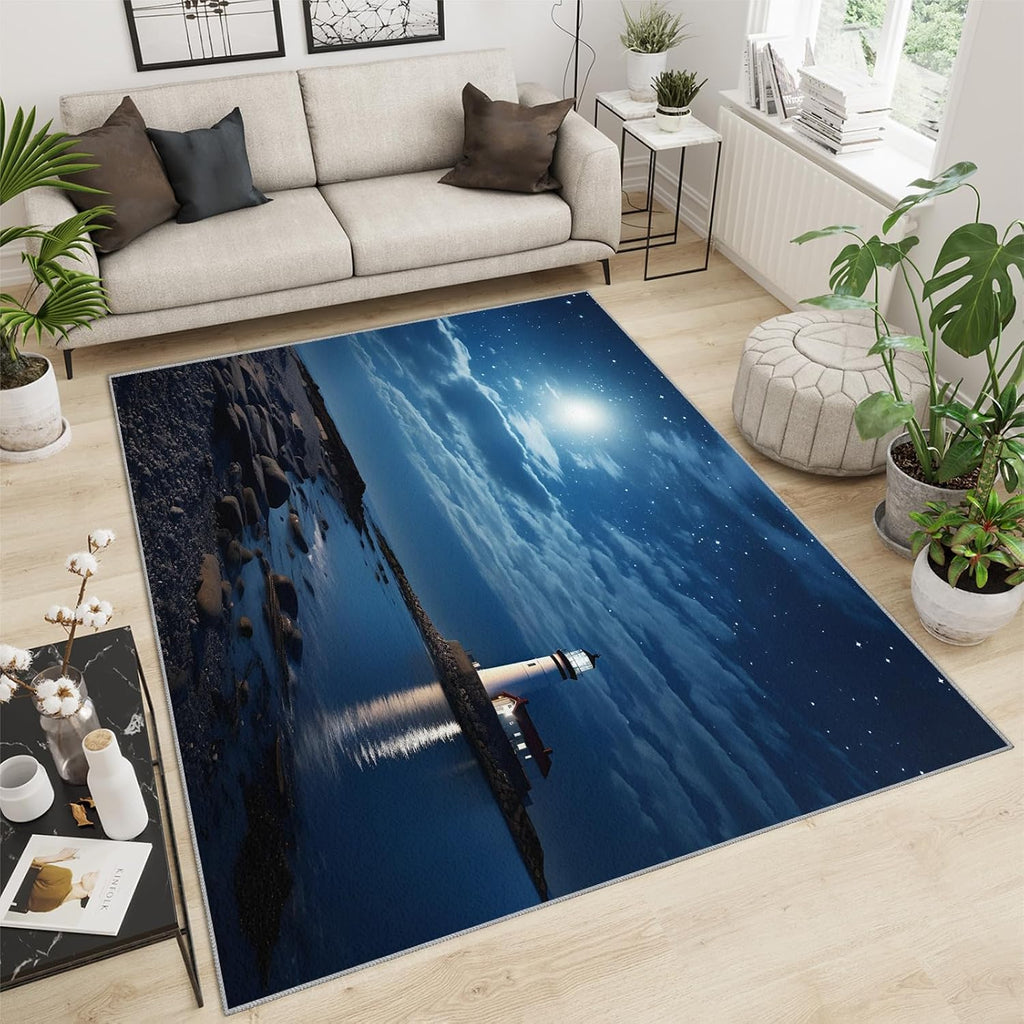 6x8 Rug Blue Shining Starry Sky Area Rugs, Seaside Night Scene Easy Clean Rug, Soft Non-Skid Carpet Throw Rugs for Kids Teen Girls Boys Bedroom, Living Room Bathroom Classroom Office