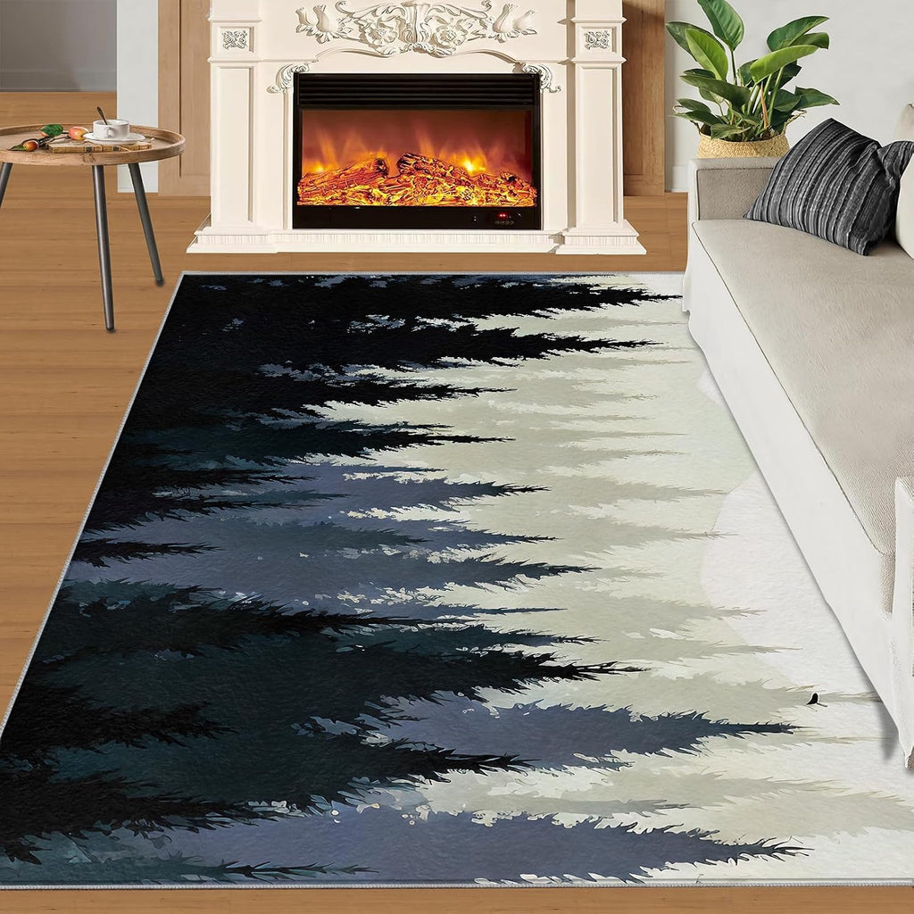 Forest Landscape Area Rug, Forest Mountain Shadows Rugs for Living Room, Indoor Non-Slip Kids Rugs, Machine Washable Breathable Durable Carpet for Front Entrance Floor Decor,6 x 8ft