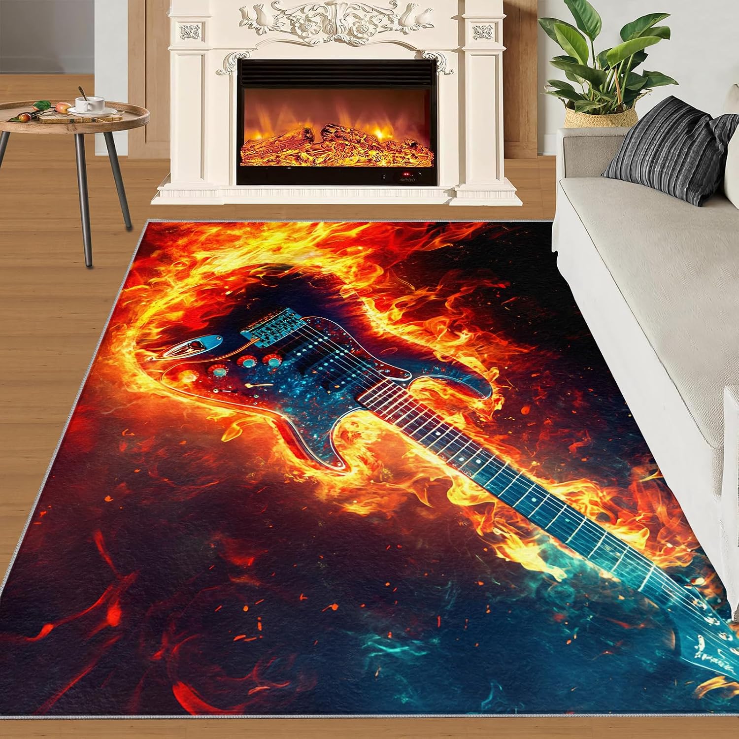 Guitar Living Room Rug, Flame Guitar Area Rug, Washable Bedroom Rugs for Children's Room Dormitory Decor Floor Mat 5x7