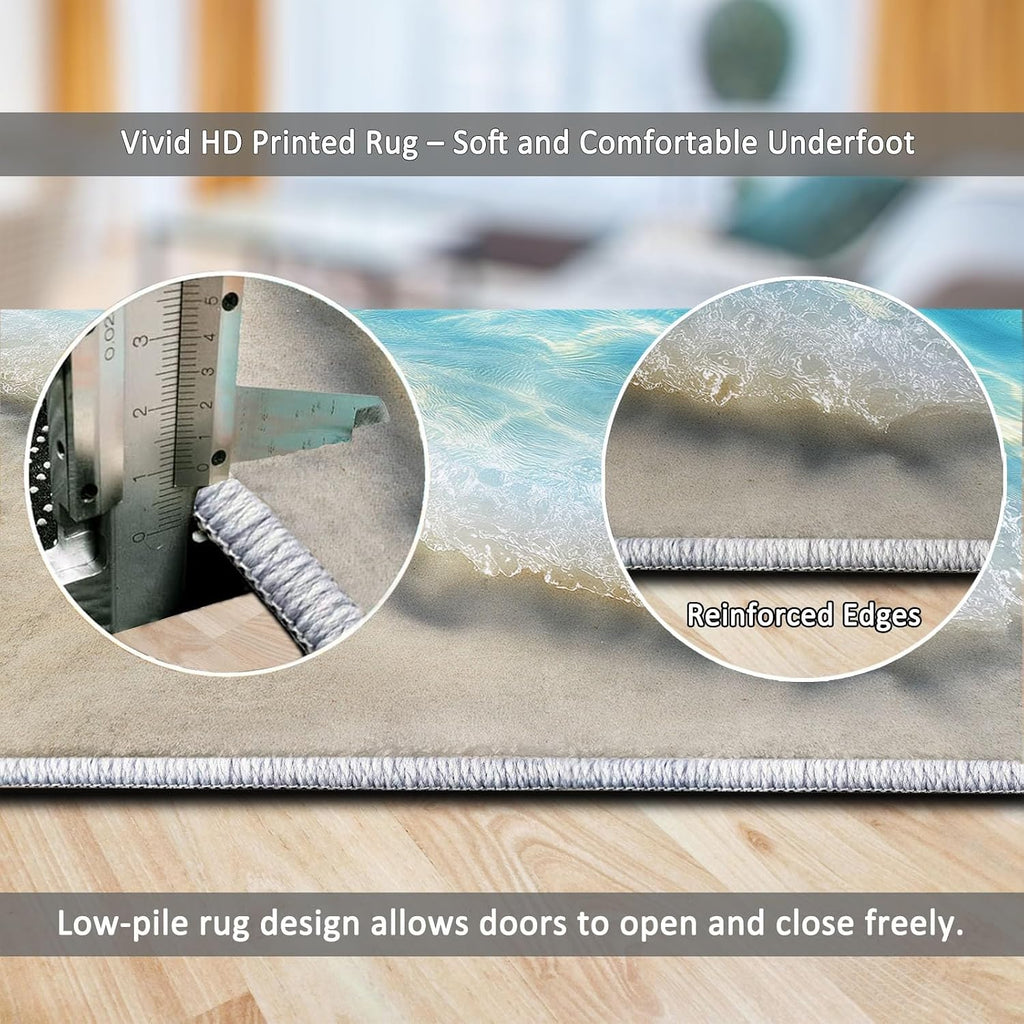 Washable Non-Slip Area Rug 5 x 7 ft, Ocean Beach Sunlight Print Washable Rugs for Living Room - Soft Nature Photography Low Pile Carpet for Bedroom Bedside Dining Room Nursery