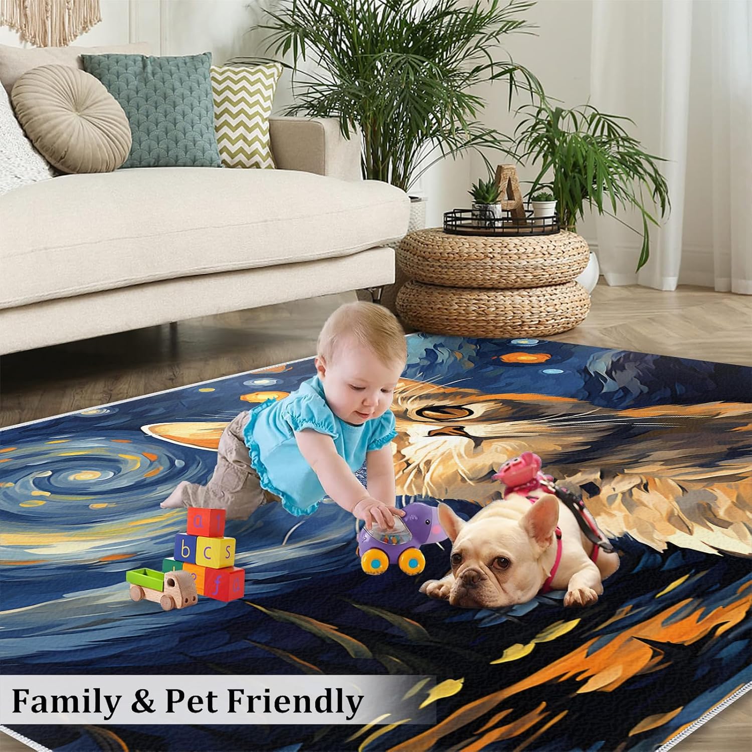 6x8 Area Rug - Starry Sky Golden Gradient Cat Large Rugs for Living Room, Post-Impressionist Art Painting Carpet Area Rug for Girls Bedroom Kids Room Basement Office Classroom