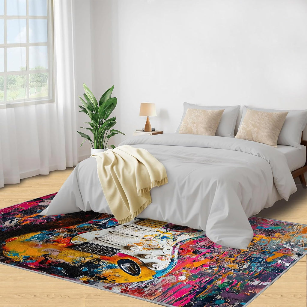 Street Graffiti Area Rug 7x10 - Electric Guitar Large Rug for Bedroom, Pop Abstract Art Big Rug for Kids Soft Easy to Clean for Dining Room Men Room Garage Decor