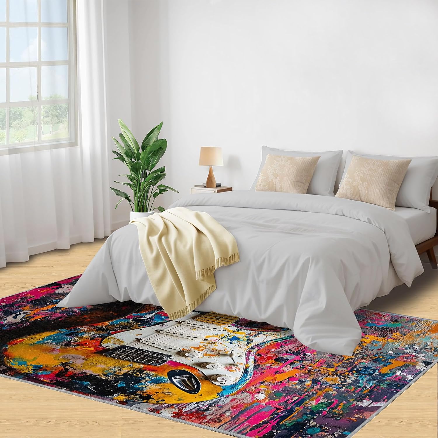 Street Graffiti Area Rugs 8x10 - Electric Guitar Rugs for Living Room, Pop Abstract Art Modern Boy Nursery Rug Soft Washable for Classroom Office Bedroom Kids Room