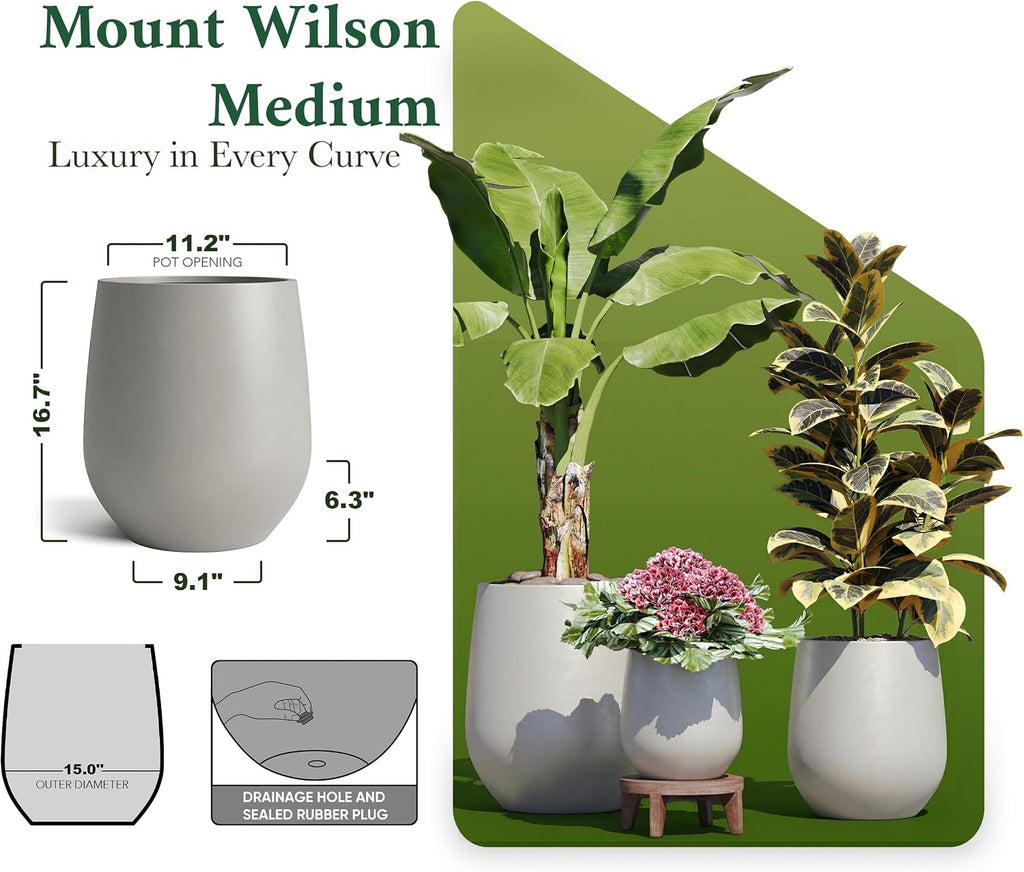 DTY Signature Mount Wilson Modern Indoor Outdoor Fiberstone Tapered Planter, Lightweight, Weather Resistant Garden Pot with Drainage Hole & Rubber Plug (Light Gray, 15'' D x 16.7'' H)