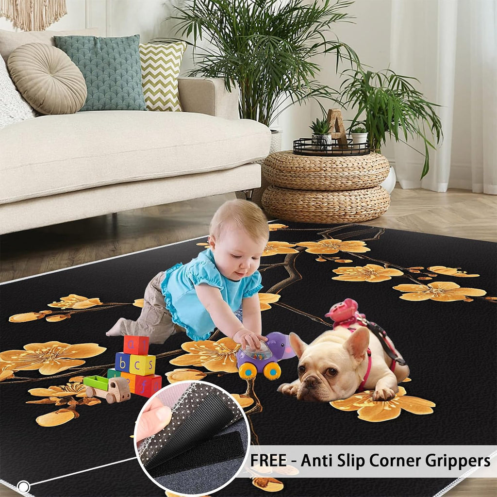 Golden Flowers Rug 6x8, Luxury Flowers Rugs for Living Room, Oriental Art Area Rug, Non Slip Washable Rugs for Bedroom Kitchen Dining Room Decor Carpet