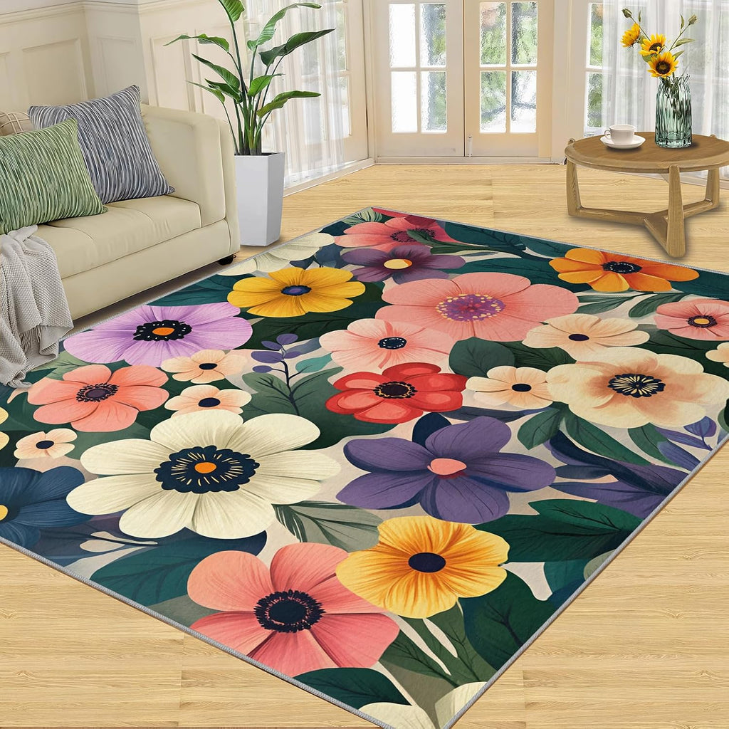 Boho Floral Area Rug Large - 6x8 Rug, Floral Botanical Rugs for Living Room, Watercolor Flower Carpet, Boho Washable Area Rugs for Bedroom, Aesthetic Carpet, Flower Home Decor
