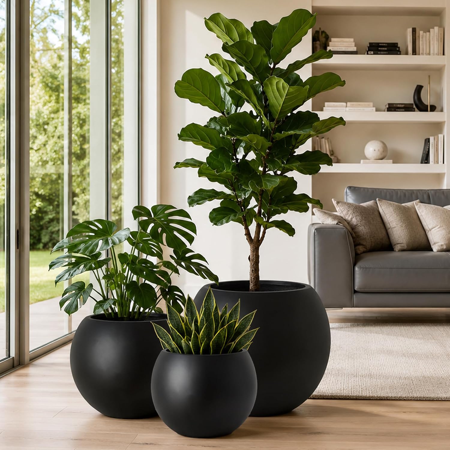 17' H x 21' Dia Black Fiberstone Planter Pot with Drainage Hole, Extra Large Round Indoor Outdoor Flower Pot for Trees, Plants & Shrubs, Decorative Planter for Patio, Porch, Garden & Home Décor