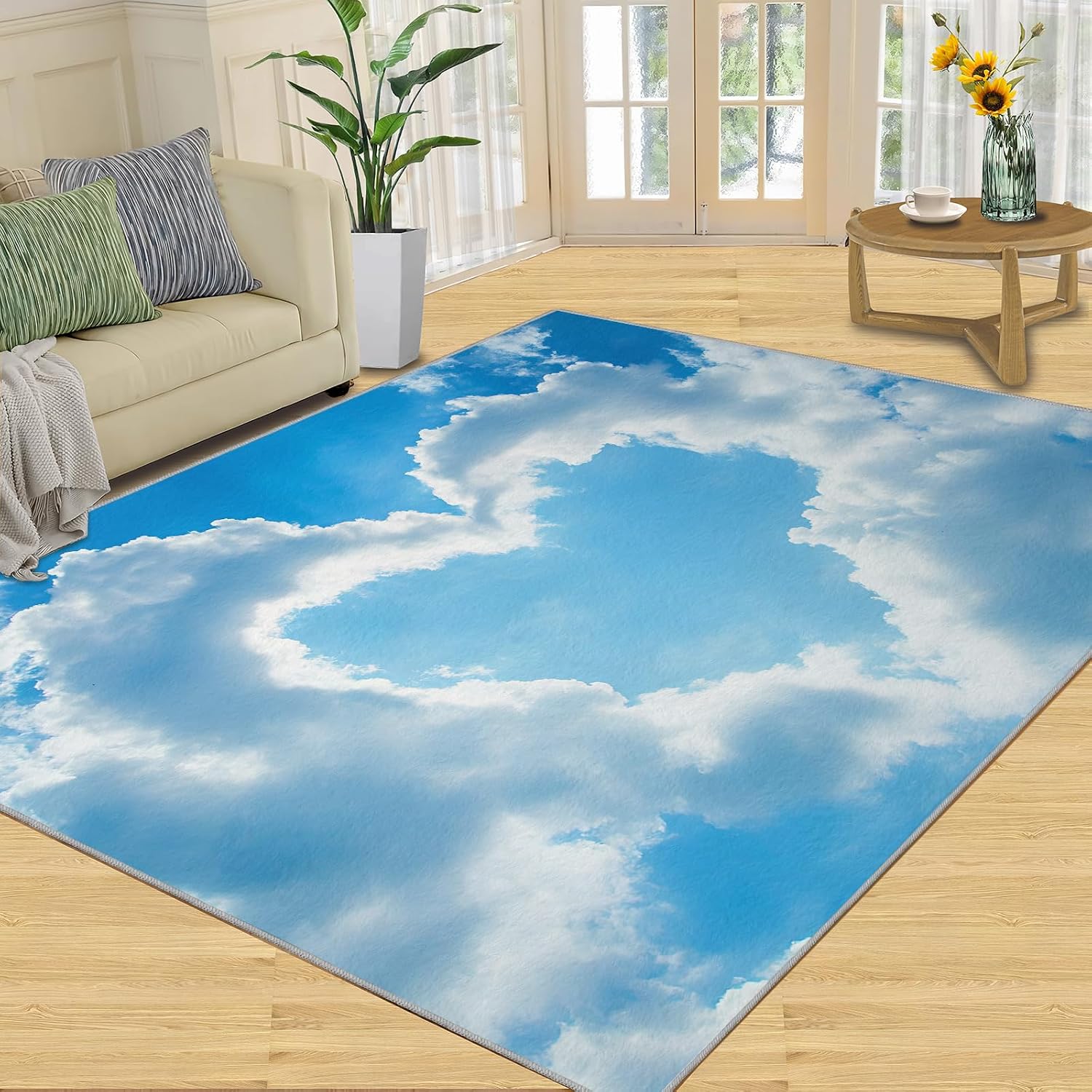 6x8 Heart-Shaped Sky Area Rug - Blue Sky White Clouds Large Rugs for Living Room, Minimalist Carpet Area Rug for Girls Bedroom Kids Room Basement Office Classroom