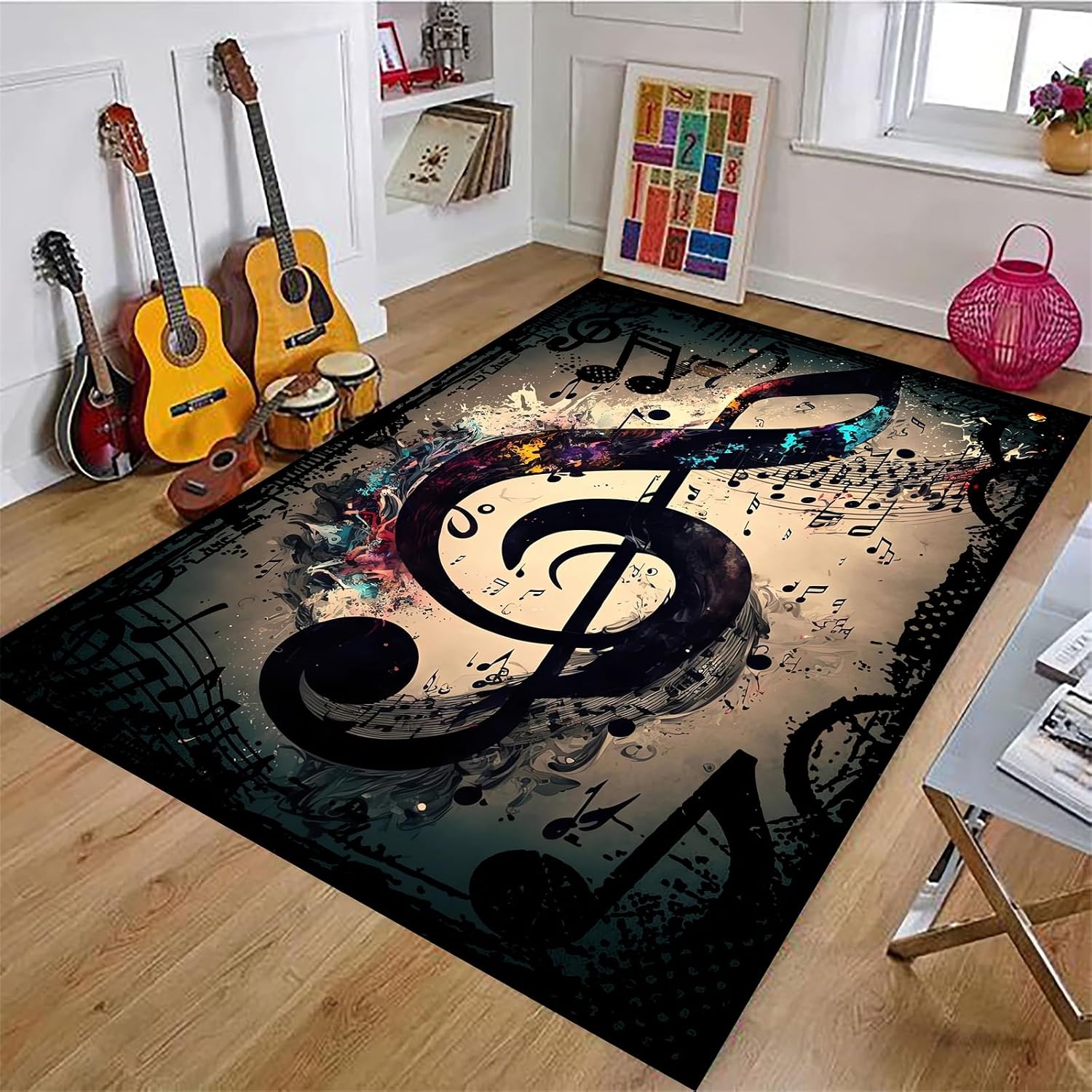 Retro Musical Note Area Rug, 6x8ft, Black, Suitable for Boys and Girls Room Decoration, Washable Soft Low Pile Rug for Hallway Music Room