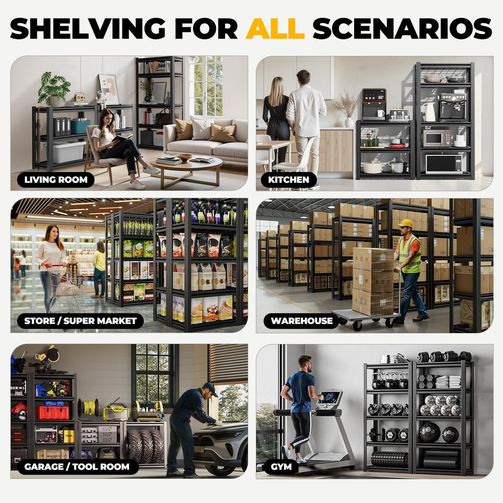 Auto Dynasty 5-Tier Storage Shelves Set of 2, 72' H (3000LBS Capacity) Adjustable Garage Shelving, Metal Storage Utility Rack Shelf Unit for Pantry Kitchen Warehouse, 72' H x 35' W x 16' D, Black