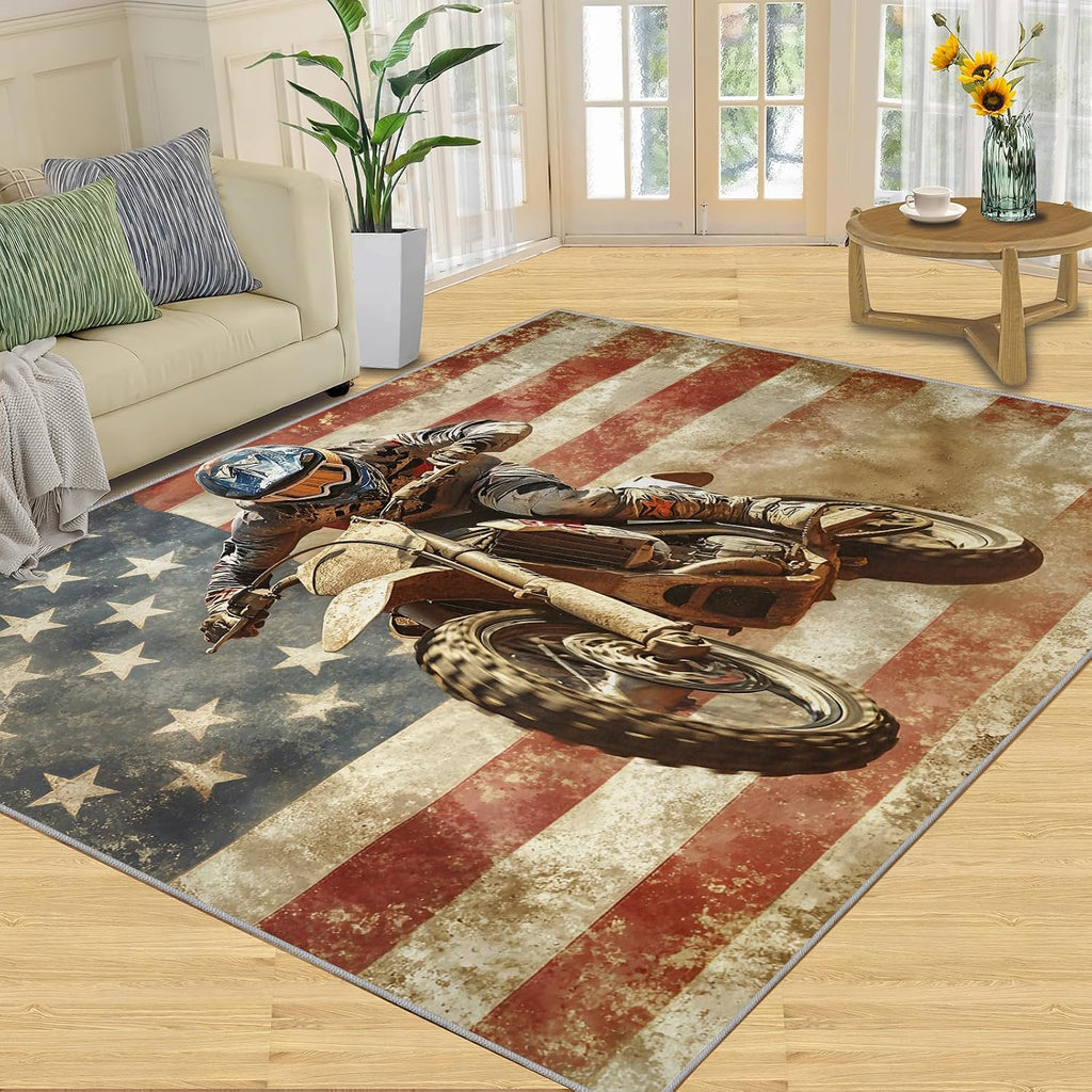 Extreme Sports Rugs for Bedroom, American Flag Rug 6x8, Retro American Dining Room Rugs Washable & Non Slip Large Carpet for Home Decor