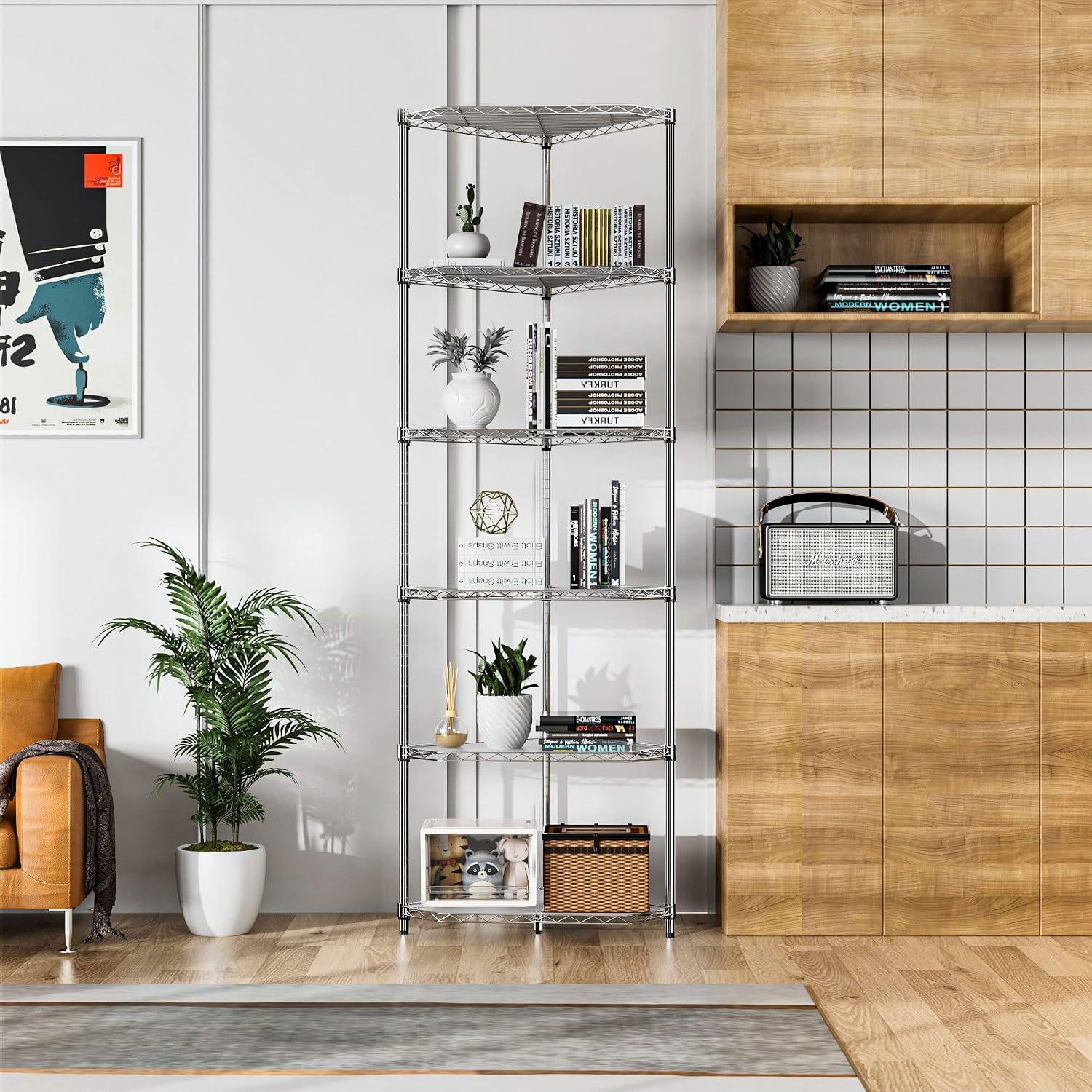 Wire Shelving Unit 6 Tier NSF Metal Corner Shelf , 600lbs Capacity Heavy Duty Adjustable Pentagonal Storage Rack with Shelf Liners for Kitchen Garage Office Room, 72'H x 20'L x 20'D - Chrome