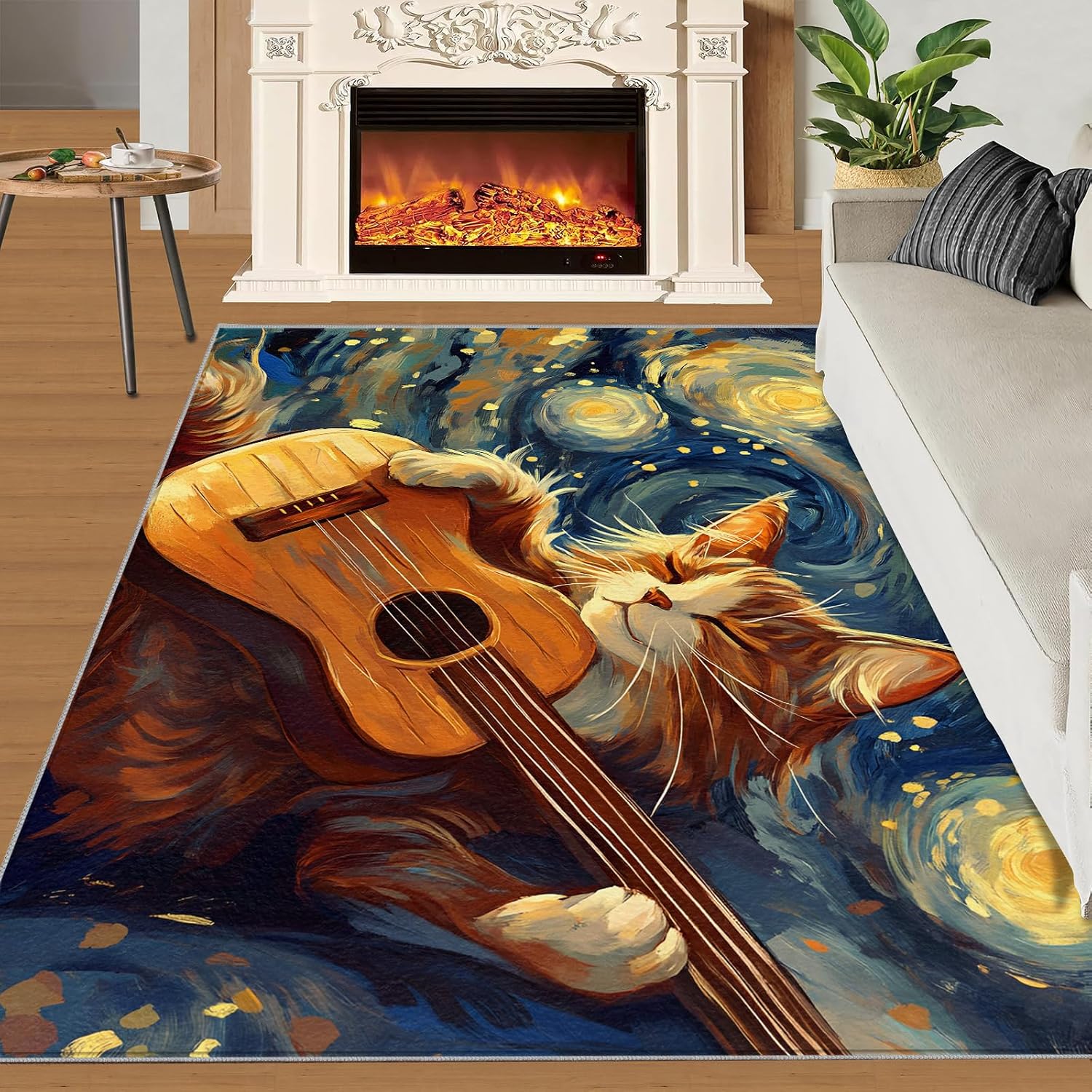 Starry Sky Cat Area Rug, Guitar Music Cat Rugs for Boys Room, Non Slip Kids Rug for Living Room Bedroom Study Office Decor Floor Mat 5x8