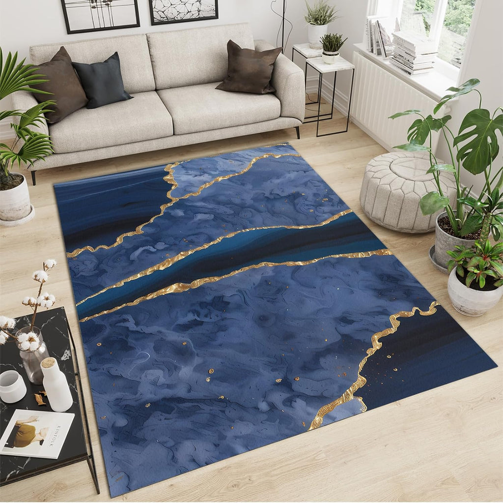 Navy Blue Marble Texture Area Rug, Luxurious Ink Gilt Stripes Large Rugs, Indoor Non-Slip Kids Rugs, for Room Sofa Living Room Mat Bedroom Home Decor Floor Mats,6 x 8ft