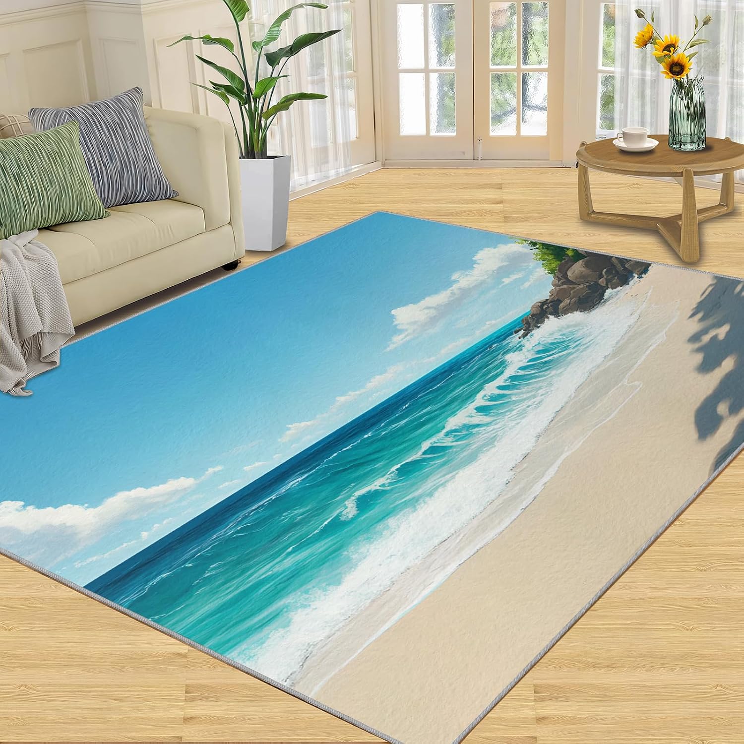 Summer Beach Rug 6x8-6x8 Rug, Coastal Washable Rugs for Living Room, Nautical Carpet, Landscape Non-Slip Area Rugs for Bedroom, Ocean Carpet, Beach Home Decor