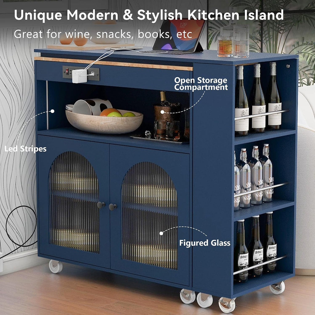 Merax Kitchen Island with Extended Table, Rolling Kitchen Islands Cart with LED Lights, Power Outlets, 2 Fluted Glass Doors, Storage Compartment, and Side 3 Open Shelves (Navy Blue)