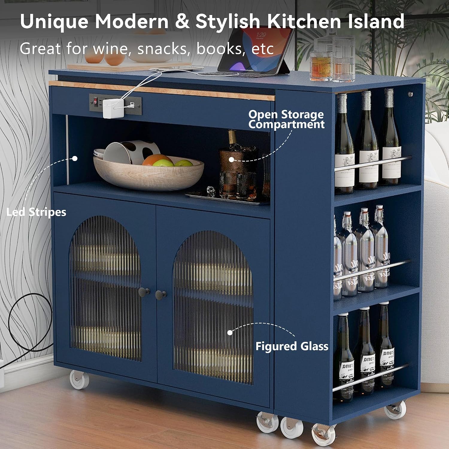Merax Kitchen Island with Extended Table, Rolling Kitchen Islands Cart with LED Lights, Power Outlets, 2 Fluted Glass Doors, Storage Compartment, and Side 3 Open Shelves (Navy Blue)