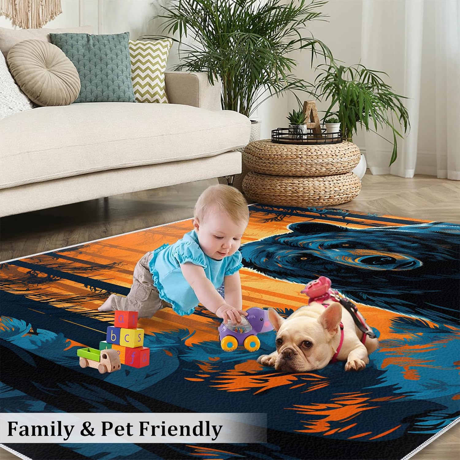 Black Bear Rug for Kids Room - 6x8 Large Rug, Forest Animal Rugs for Bedroom Flame Jungle Area Rugs for Living Room Home Decor Washable Rug