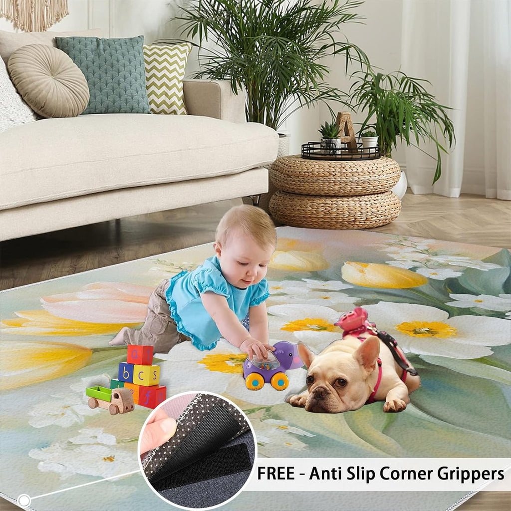 Florals Still Life Rug 6x8 - Oil Painting Florals Large Rugs for Living Room, Simple Flowers Carpet Area Rug for Girls Bedroom Kids Room Basement Office Classroom