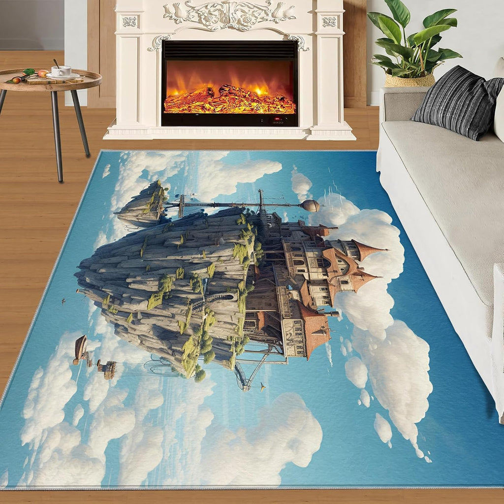 6x8 Rug Sky Moving Castle Area Rugs, Floating Islands Soft Washable Carpet, Upholstery Rug with Non-Slip Backing for Kids Boys Girls Bedroom Living Room Dining Room Study