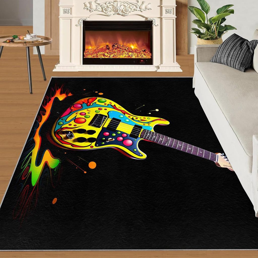 Guitar Home Decor Area Rug - Cool Guitar Bedroom Rug - Music Lover Living Room Rugs - Non-Slip Low Pile Carpet for Kids Room Band Recording Studio 6x8ft