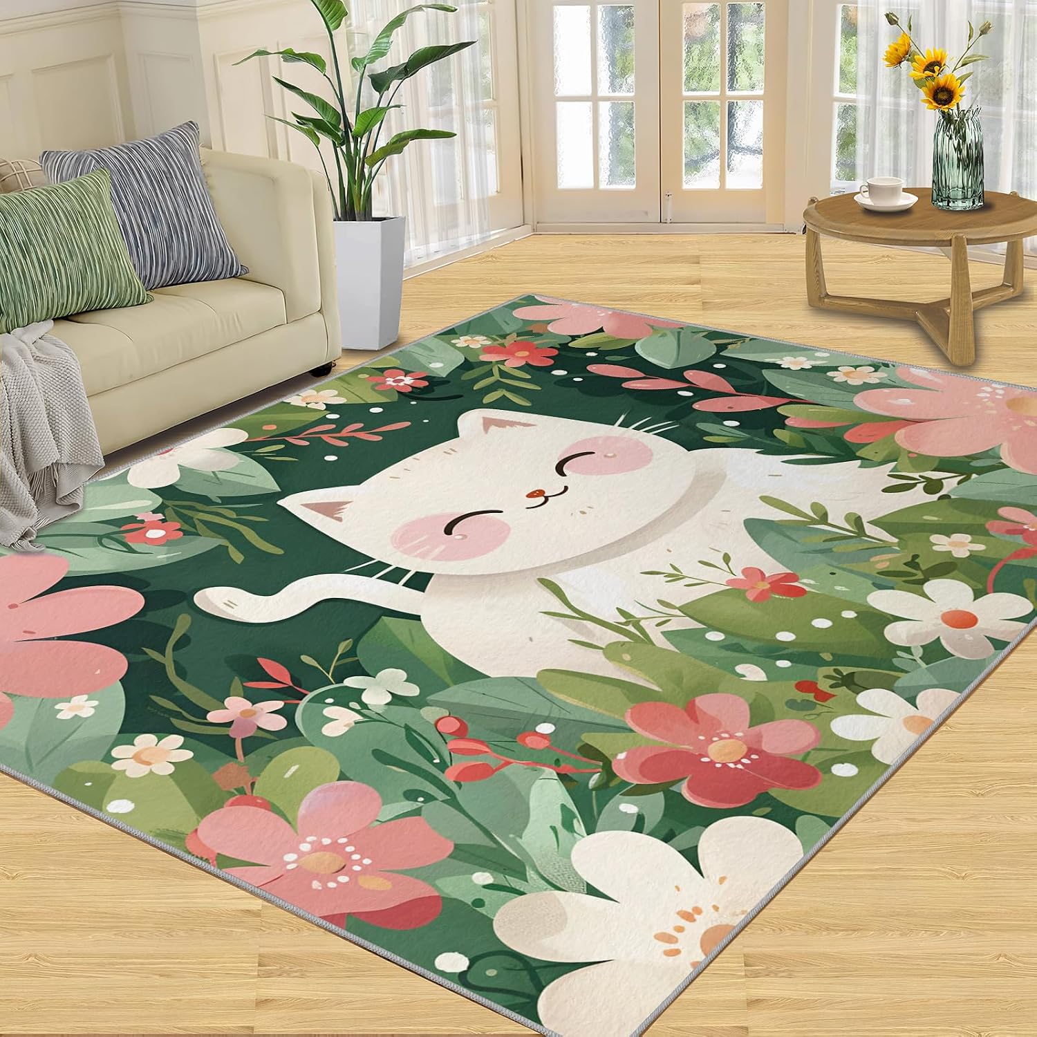 Cat in The Garden Rug for Kids Room - 6x8 Large Rug, Animal Cat Rugs for Bedroom Watercolor Flowers Area Rugs for Living Room Home Decor Washable Rug