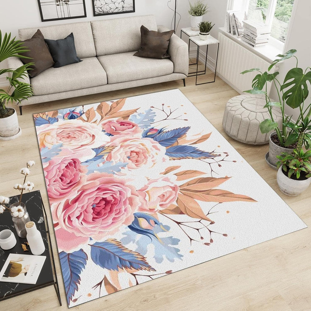 6x8 Rug Hand Painted Rose Flowers Non-Slip Kids Rug, Pastoral Ink Flower Art Style Upholstery Rug with Non-Slip Backing for Kids Boys Girls Bedroom Living Room Dining Room Study