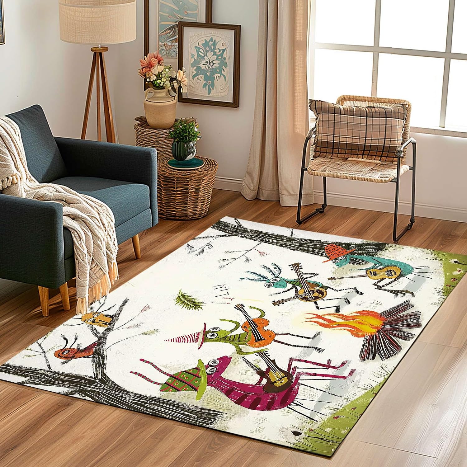 Anime Ants 8x10 Washable Large Area Rug Musical Instrument Guitar Carpet for Study Bedroom Nursery, Washable Rugs Non Slip Soft CarpetWhite Living Room Rugs Non-Slip