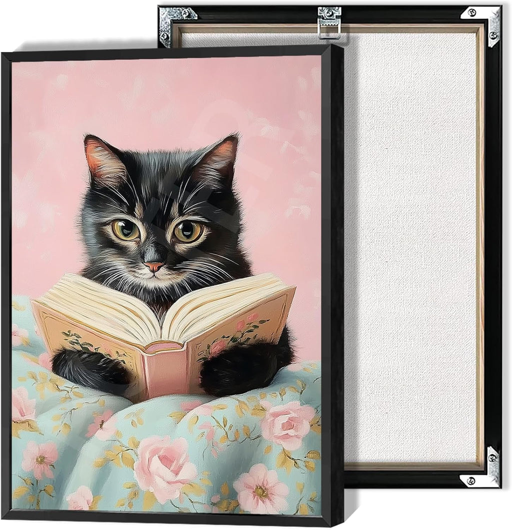 Vintage Cute Cat Canvas Wall Art Funny Cat Covered With Quilt Reading A Book Poster Trendy Cat Lovers Animal Aesthetic Prints Painting For Girls Room Bedroom Dorm Wall Decor 24x36in Framed