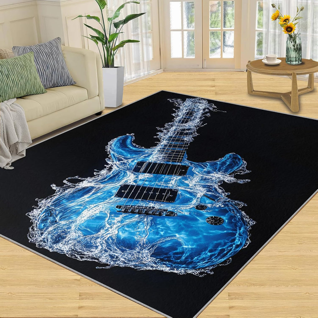 Electric Guitar Rugs for Music Room - 6x8 Rug, Music Area Rugs for Bedroom, Americana Guitars Rugs, Blue Guitars Washable Carpet for Nursery, Musical Carpet, Guitar Home Decor
