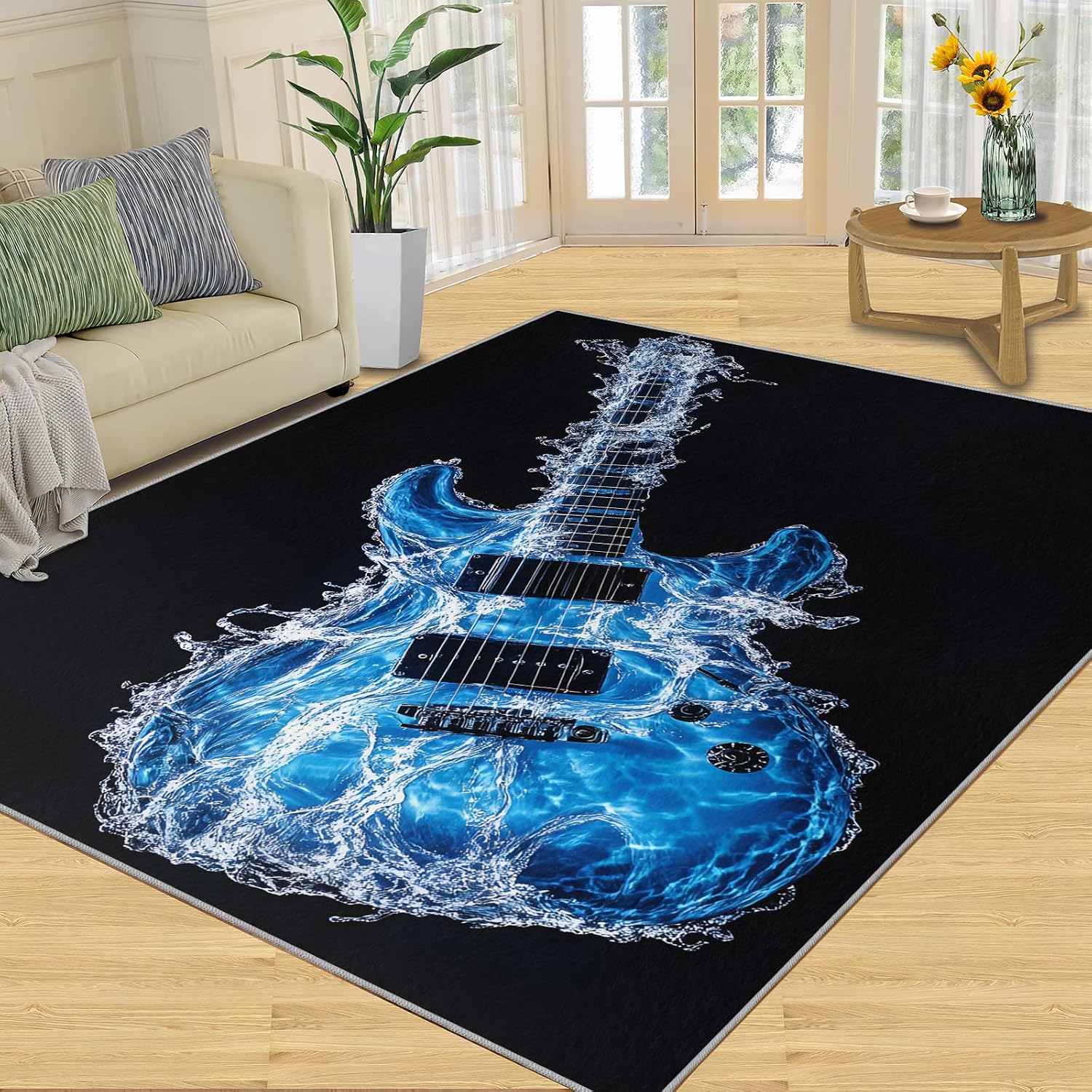 Electric Guitar Rugs for Music Room - 6x8 Rug, Music Area Rugs for Bedroom, Americana Guitars Rugs, Blue Guitars Washable Carpet for Nursery, Musical Carpet, Guitar Home Decor